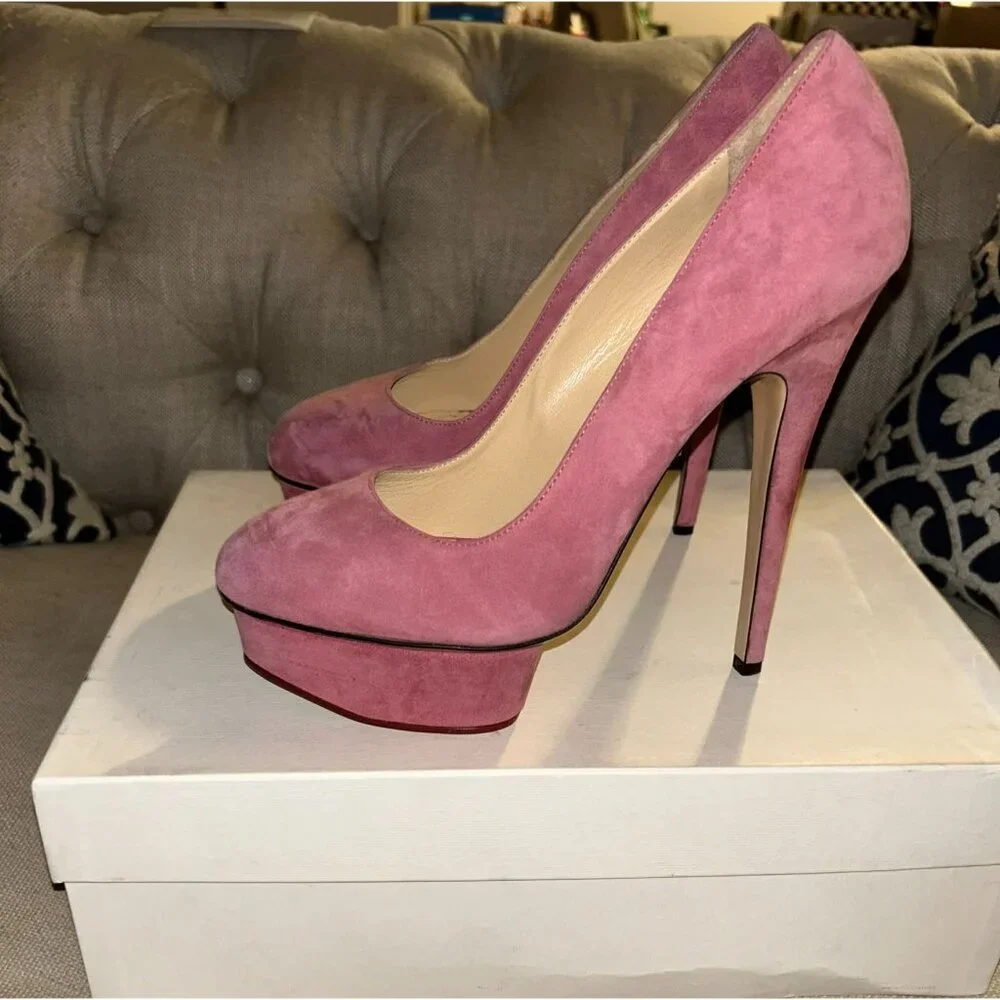 NIB $895 Charlotte Olympia Eternally Dolly Suede Platform Pump Pink Size 10
